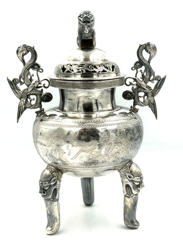 Large Chinese Silver Incense Burner