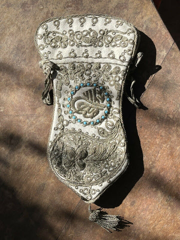 Ottoman Empire Silver thread purse w/ turquoise